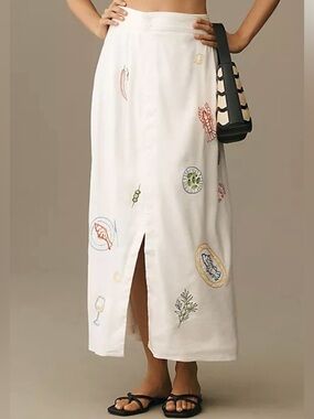 Maeve Anthropologie Embroidered Midi Skirt Cover-Up White Linen Blend US 2